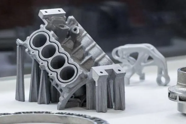 A miniature engine block printed out of metal