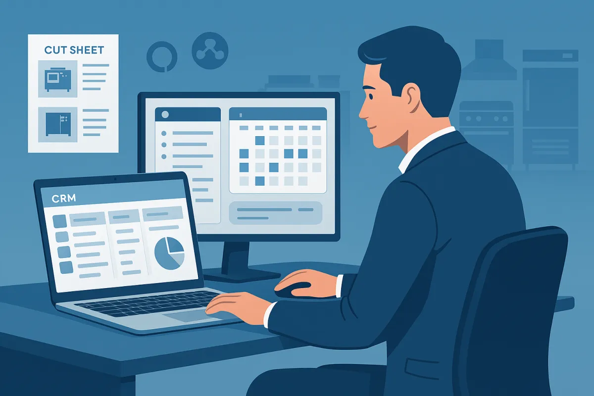 Illustration of a business professional working at a desk with two computer screens displaying a CRM dashboard and a digital calendar, symbolizing AI-powered automation in sales and admin workflows. A cut sheet and automation icons are visible in the background.