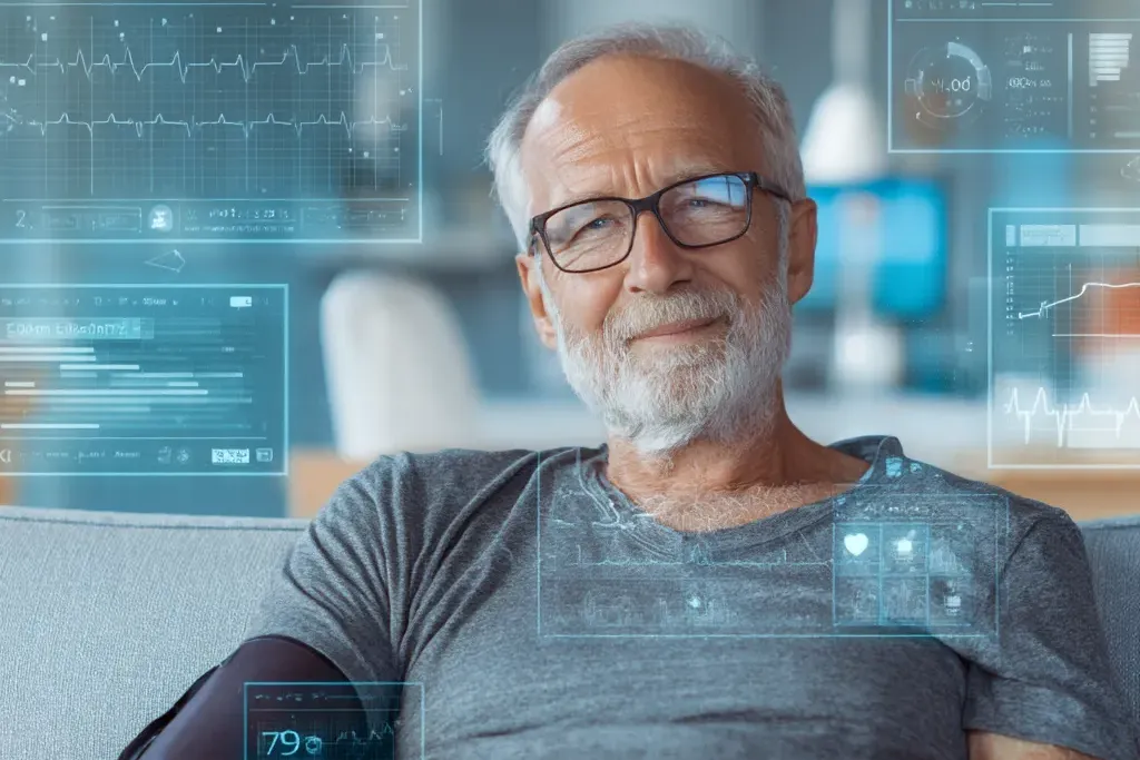 Senior patient at home using a blood pressure cuff and smartwatch, with a tablet displaying health data, while a doctor reviews the information remotely on a computer screen—illustrating real-time, connected care through Remote Patient Monitoring.