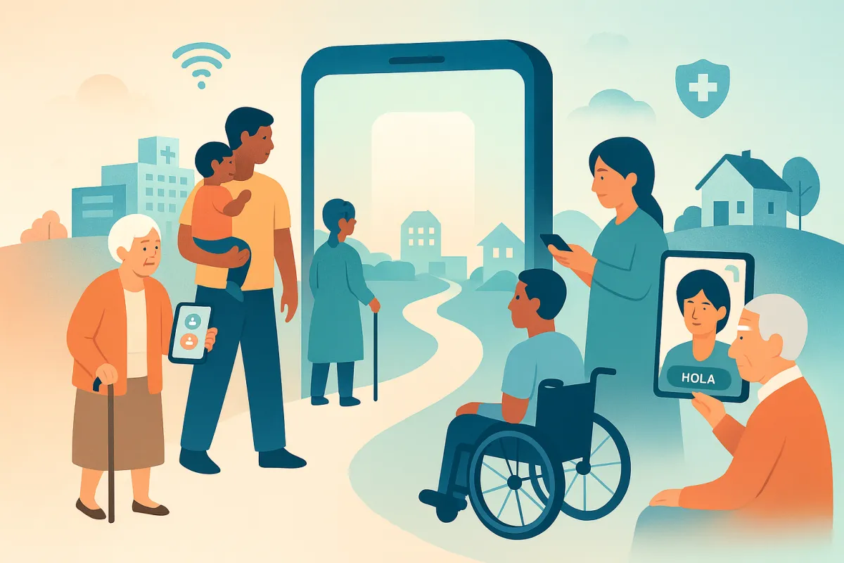 Illustration showing diverse people connecting through a large smartphone-shaped portal between an urban hospital and a rural clinic, symbolizing accessible digital healthcare for all populations.