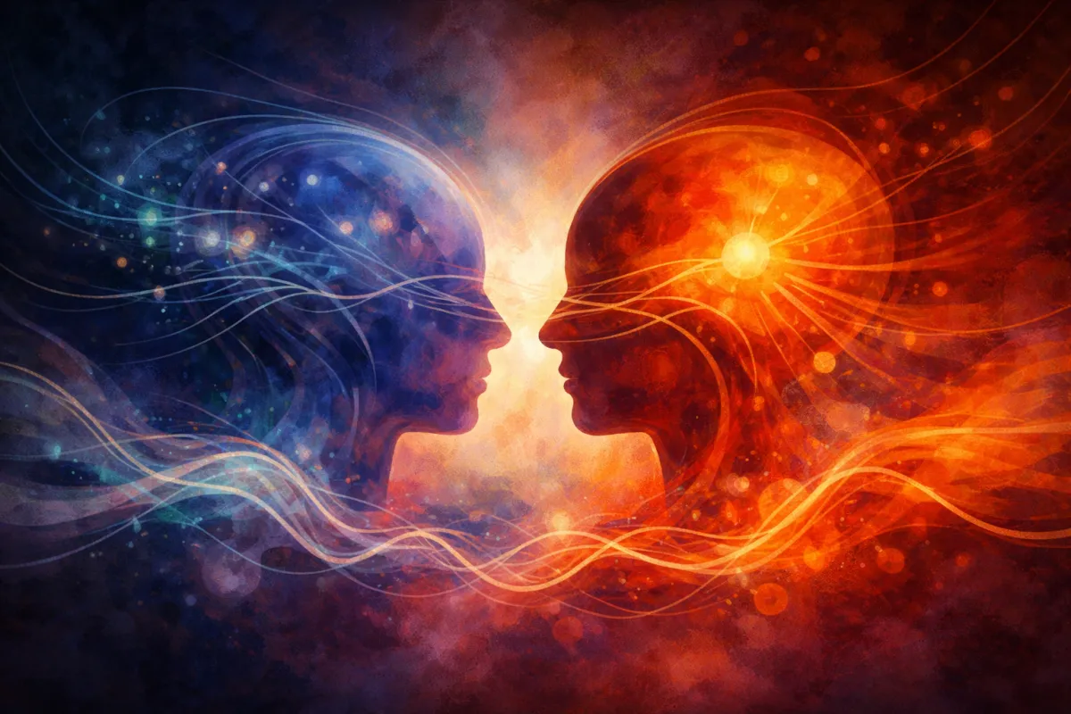 Abstract digital painting of two human profiles facing each other, one in cool blues and one in warm reds, with flowing neural-like lines and glowing points connecting them to represent differing nervous systems in relationship.