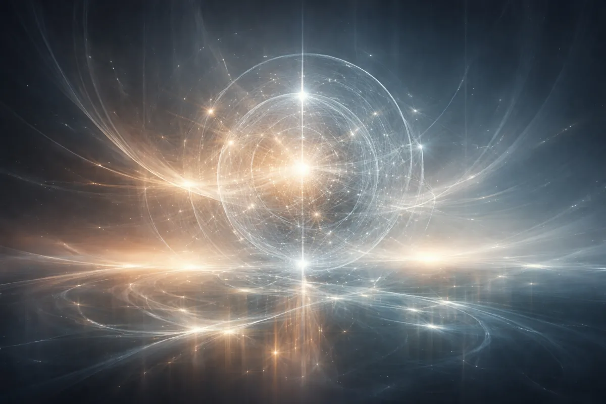 Abstract landscape image showing a luminous field of intersecting lines and light, with a soft central glow emerging from layered, translucent structures—suggesting activation, coherence, and form arising through interaction rather than a singular source.