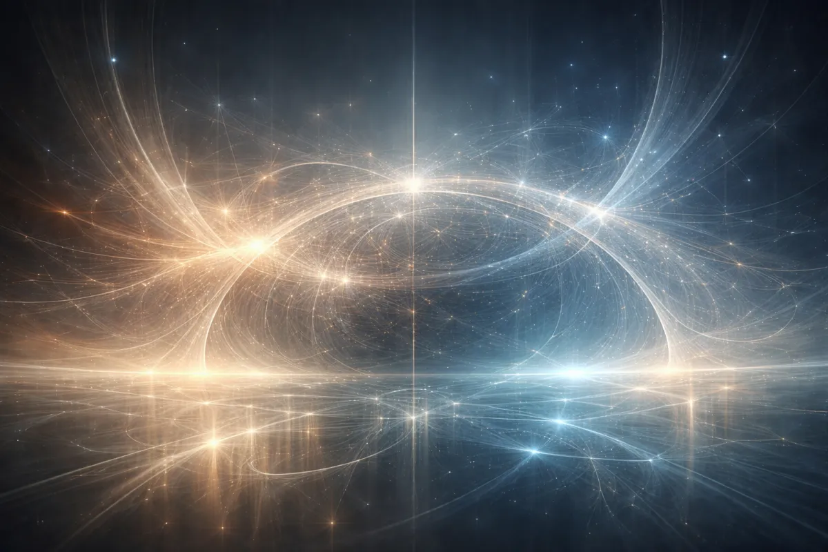 Abstract landscape image of intersecting arcs of light in cool blue and warm gold tones, forming a bounded, luminous shape that appears only where the strands meet—suggesting emergence, temporary coherence, and selfhood defined by interaction rather than continuity.