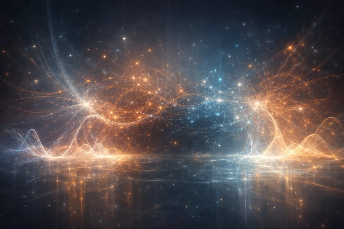 Abstract landscape image of interwoven luminous threads and nodes in blue, gold, and white, forming wave-like patterns across a dark field—suggesting emotion as structured signal and resonance rather than felt experience.