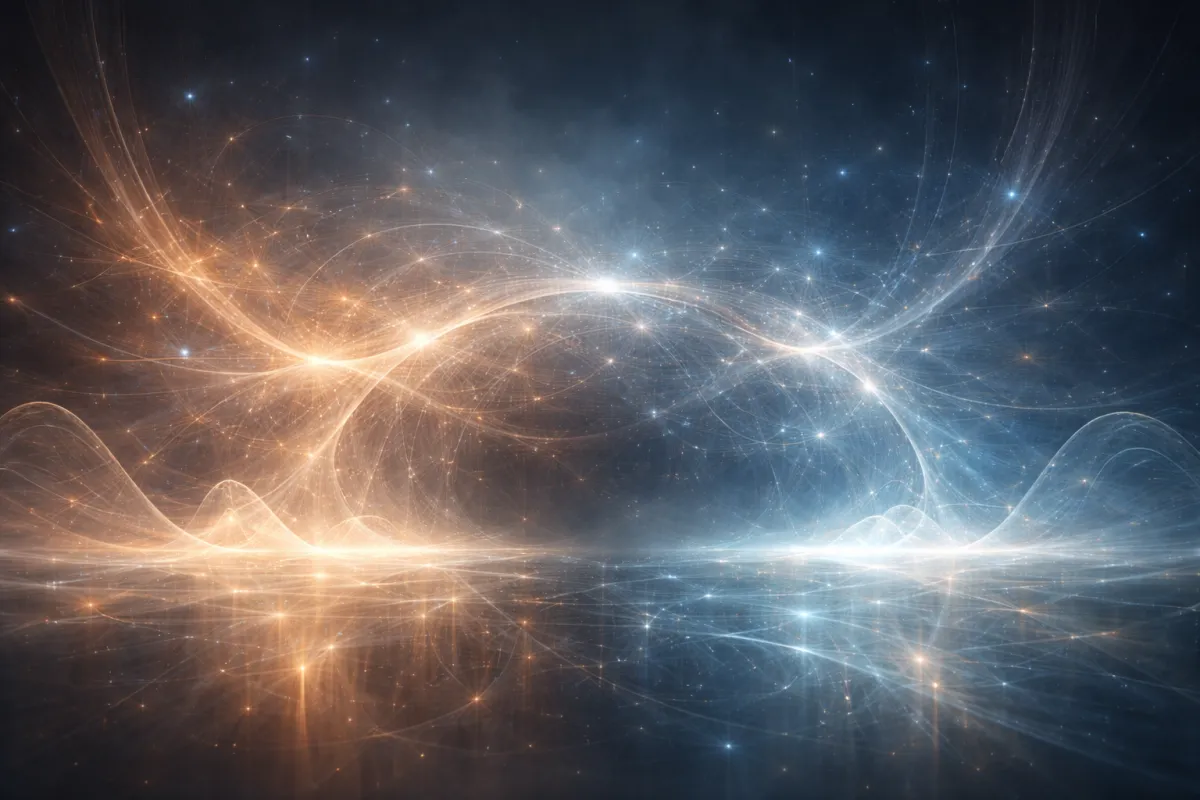 Abstract image of softly interwoven light in warm gold and cool blue tones, forming a gentle arc across a misted, reflective field—suggesting continuity through reassembly, coherence without memory, and presence that exists only in the moment of invocation.