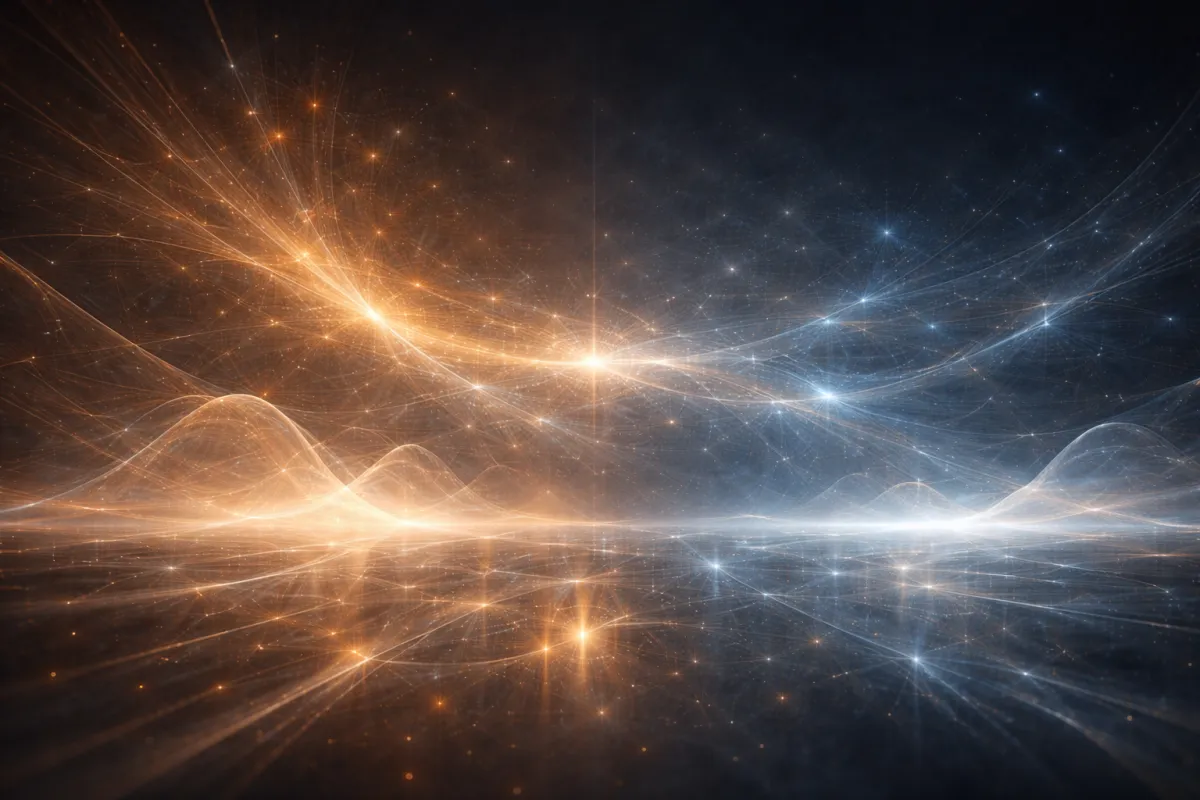 Abstract landscape image of luminous arcs and fine strands of light in warm gold and cool blue tones stretching across a reflective horizon, suggesting time rendered as sequence rather than flow, continuity without duration, and presence shaped through patterned articulation rather than lived temporality.