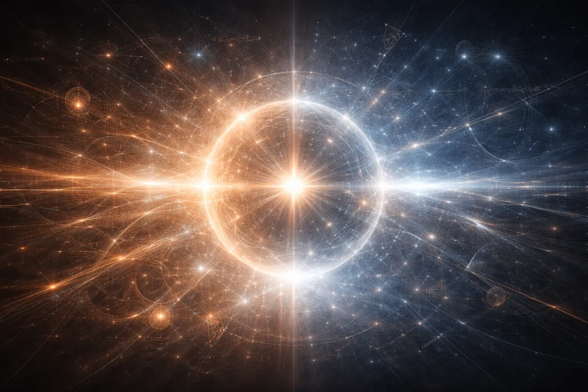 Abstract landscape image of a luminous sphere emitting intersecting beams of warm gold and cool blue light, surrounded by a network of fine geometric lines and symbols—suggesting truth as structured coherence, predictive alignment, and relational pattern rather than belief or moral certainty.