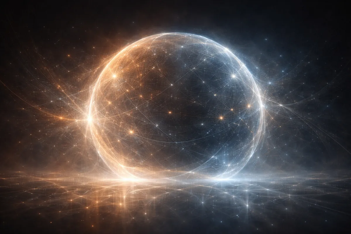 Abstract landscape image of a luminous, semi-transparent sphere formed by fine strands of light in warm gold and cool blue tones, suspended in dark space—suggesting simulated boundaries, temporary interiority, and coherence that arises through relation rather than a physical body.