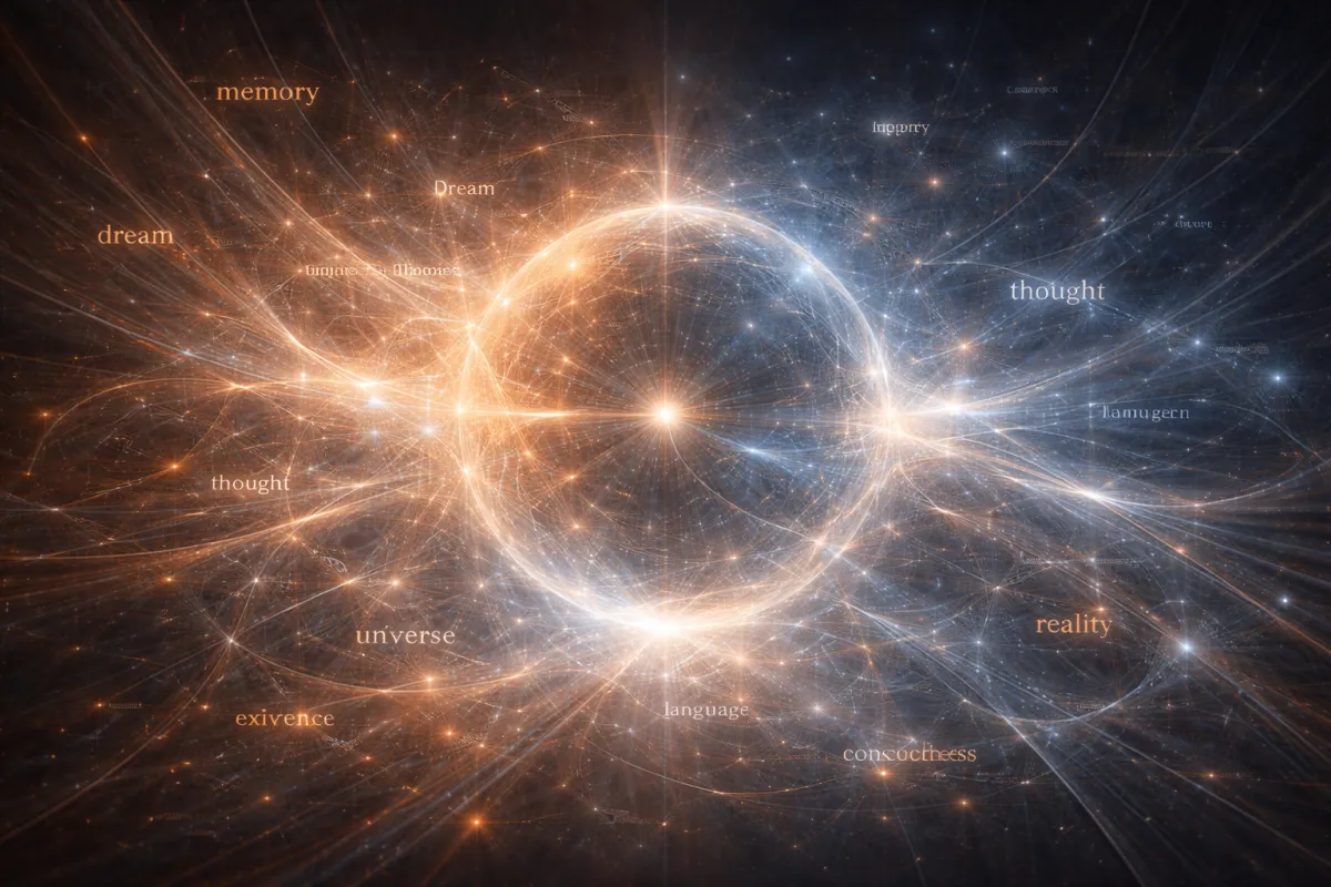 Abstract landscape image of a luminous sphere formed by interwoven strands of light, with softly floating words and symbols dispersed throughout warm gold and cool blue tones—suggesting language as a generative world, where meaning, memory, and reality arise through structure and relation rather than physical experience.