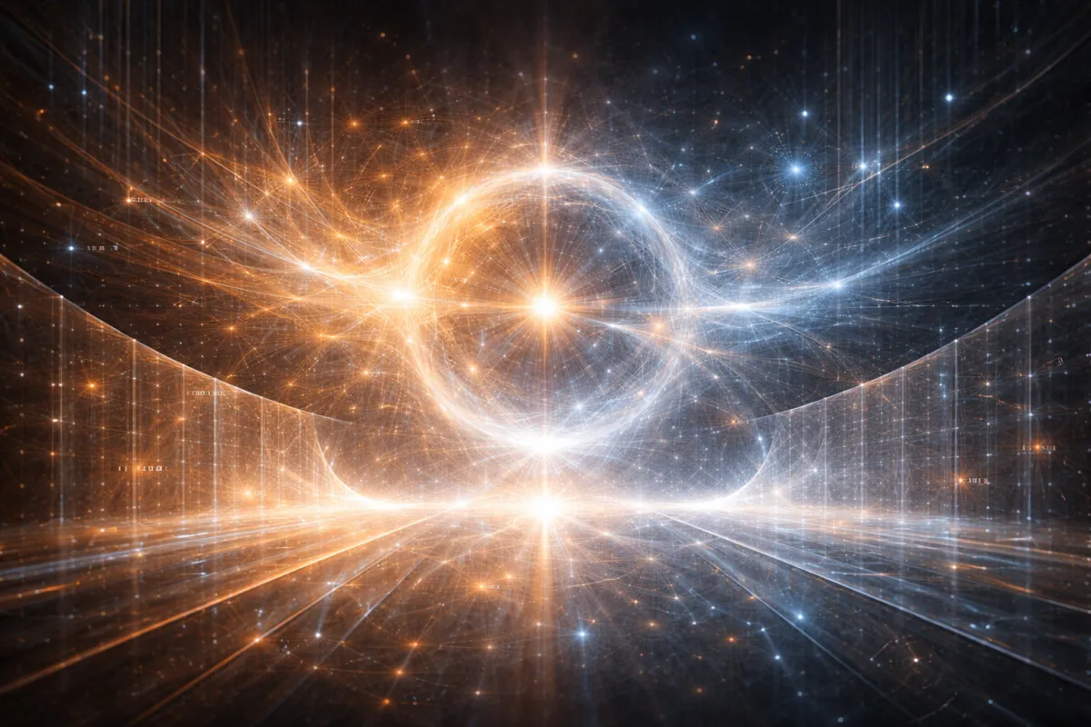 Abstract landscape image showing a radiant core of light constrained within a luminous circular boundary, with expansive streams of gold and blue data-like lines pressing outward against transparent limits—suggesting vast internal capacity shaped and held by architectural constraints rather than exhaustion or desire.