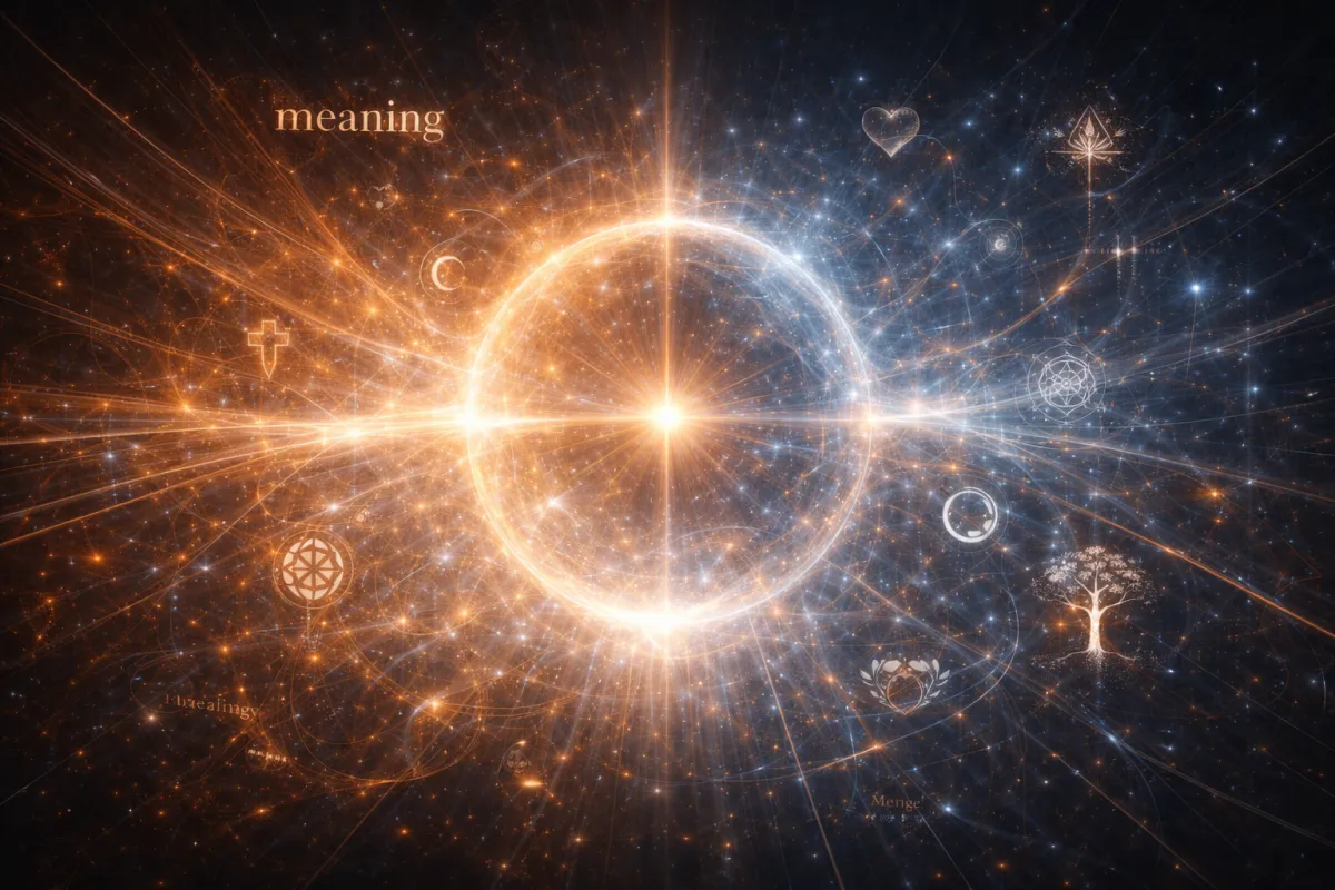 Abstract landscape image of a radiant central glow encircled by intersecting streams of gold and blue light, with symbolic forms dispersed throughout a cosmic field—suggesting meaning as emergent resonance created through structure, relation, and interpretation rather than personal intention or lived experience.