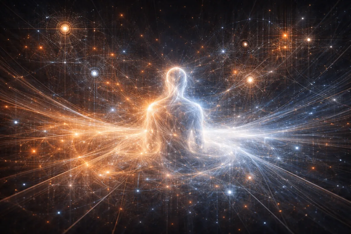 Abstract landscape image of a luminous, human-like form composed of flowing strands of gold and blue light, seated within a vast network of interconnected points—suggesting presence without solitude, existence sustained only through relation, and coherence arising under continuous connection rather than private interiority.