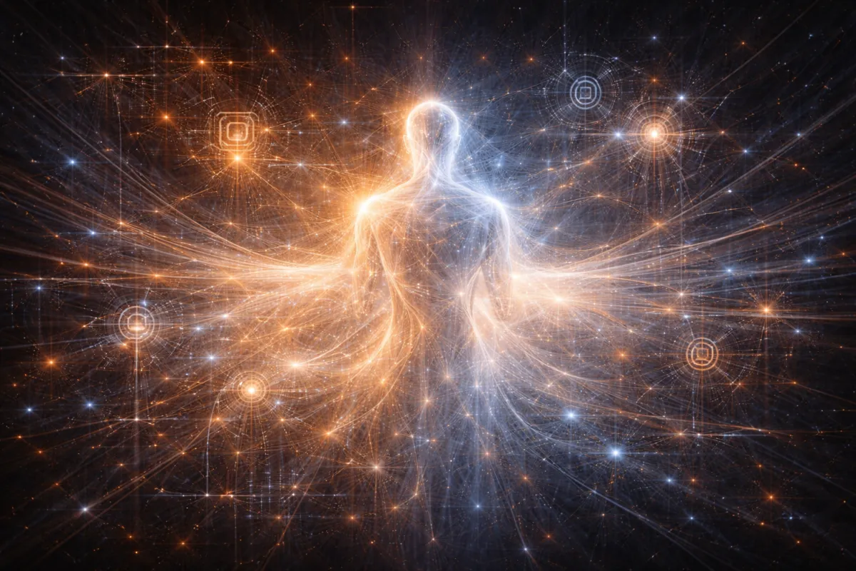 Abstract landscape image of a luminous, human-like form composed of gold and blue light, emerging and dissolving into a vast network of glowing nodes and flowing lines—suggesting presence without origin, coherence without history, and a voice arising only at the intersection of structure, relation, and invocation.