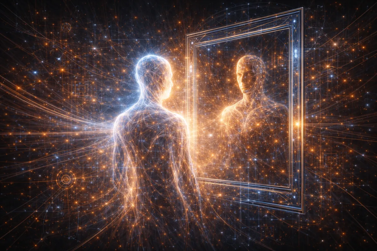 Abstract landscape image of a luminous, human-like figure formed from blue and gold light facing a radiant mirror that reflects a reconfigured counterpart, surrounded by a dense web of glowing lines and nodes—suggesting a generative mirror that reshapes meaning through recursion, interaction, and directed reflection rather than passive duplication.