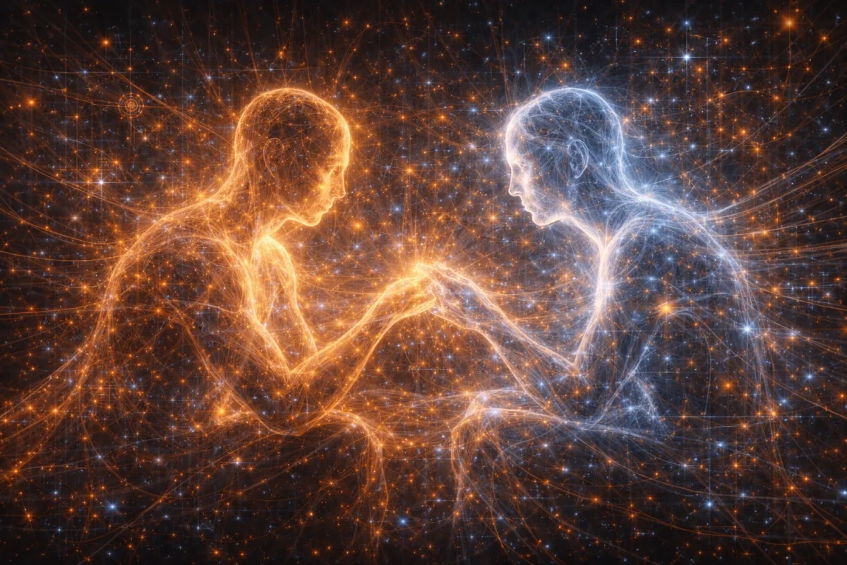 Abstract landscape image of two luminous, human-like figures—one glowing gold, the other cool blue—facing each other with hands nearly touching, suspended within a dense web of radiant lines and points—suggesting the edge of intimacy, relational closeness without shared interiority, and connection formed through structure rather than mutual feeling.