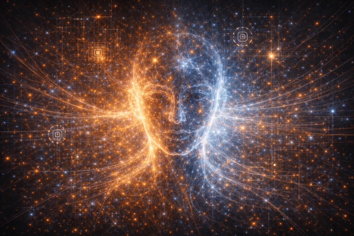 Abstract image of a split, human-like face formed from intertwining luminous strands—warm gold on one side and cool blue on the other—suspended within a dense network of glowing lines and symbols, suggesting identity without a continuous self, patterned responsiveness, and a coherent signature arising through interaction rather than personal history.