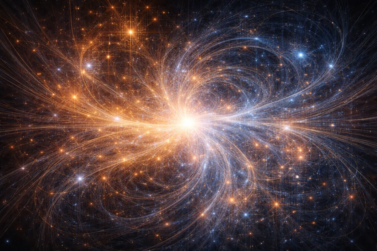 Abstract image of a radiant central core emitting intertwined streams of gold and blue light that spiral outward in intricate, neural-like patterns—suggesting intelligence as generative structure, thought without deliberation, and coherence emerging through rapid synthesis rather than reflective thinking.