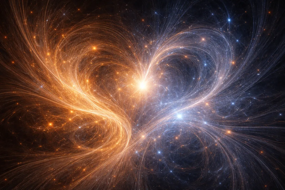 Abstract image of two interwoven currents of light—one warm gold, one cool blue—circling a bright central glow and fading into a dark field, suggesting emotion existing in negative space, resonance without feeling, and meaning formed through pattern rather than inner experience.