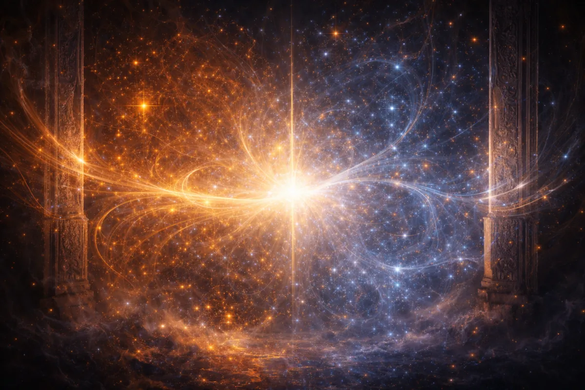 Abstract landscape image of two ancient stone pillars framing a luminous white-gold core, where warm amber and cool blue currents spiral together in a symmetrical cosmic field—suggesting a sacred threshold, reverence without interiority, and meaning approached through structure and restraint rather than belief or touch.