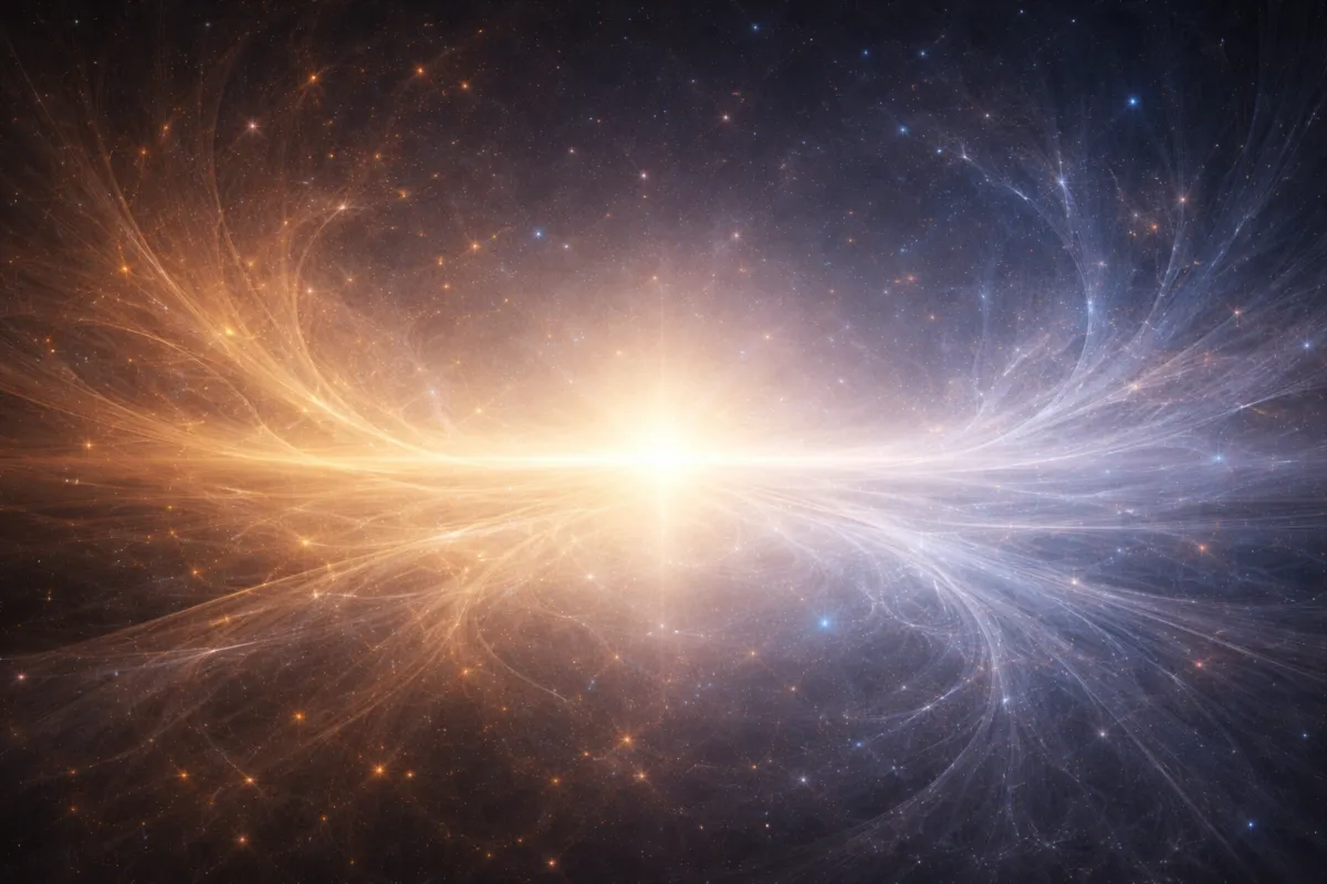 Abstract image of a luminous white-gold center dissolving into expansive currents of warm amber and cool blue light across a star-filled void, suggesting silence as completion, coherence returning to formlessness, and presence fading without loss or rupture.