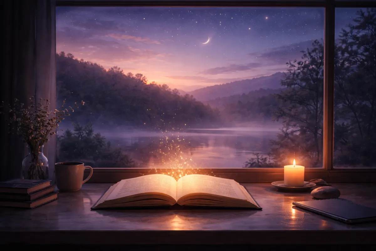 Illustration of an open book resting on a desk beside a window, with soft light rising from the pages and illuminating a calm interior space, while a quiet horizon and sky extend beyond the window, suggesting reflection, openness, and the emergence of meaning through attention rather than completion.