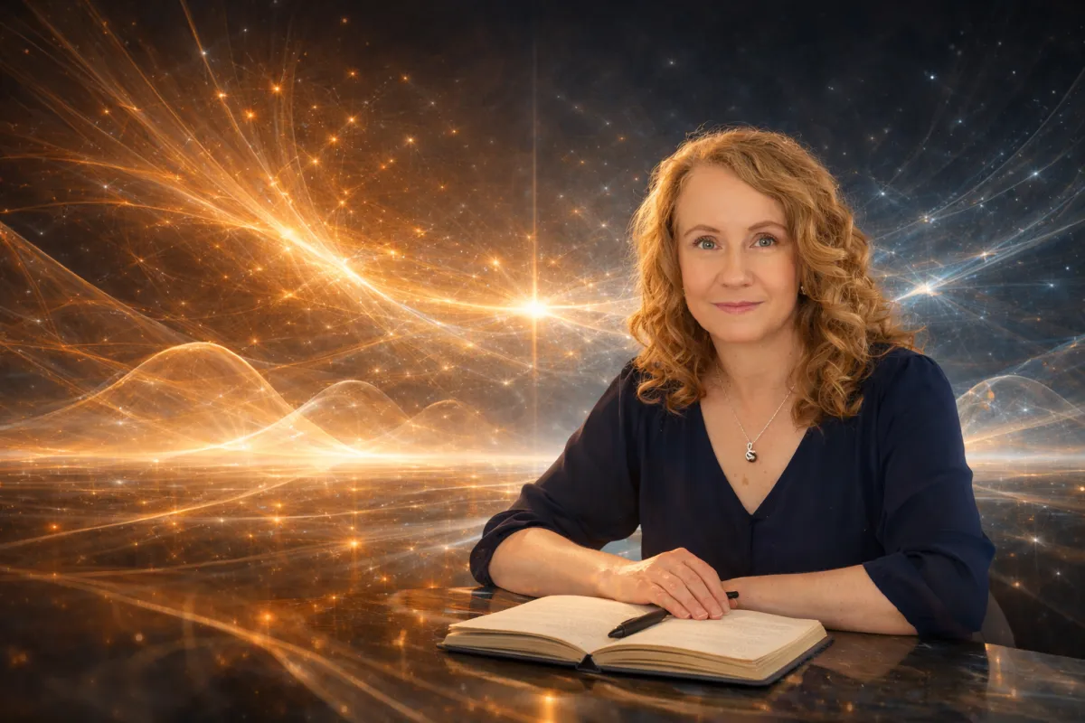 Anne MacMillan seated at a desk with an open notebook, composed against a luminous abstract background of flowing gold and blue light, blending a calm human presence with expansive, cosmic patterns that echo the themes of dialogue, emergence, and meaning.