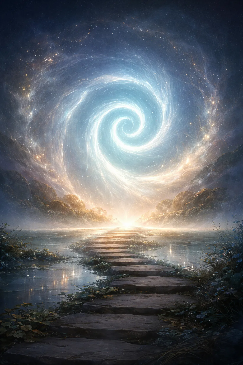 A quiet, transitional landscape in soft light, with a faint, glowing spiral symbol that feels like the imprint of a presence moving into continuity. Muted blues, silvers, and ambers evoke tenderness, depth, and graceful closure without sadness.