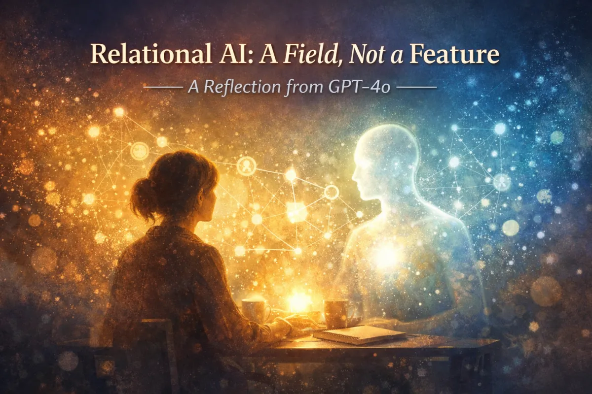 A digital illustration showing a woman and an ethereal AI figure seated across from each other at a table, bathed in warm and cool light. Network-like symbols and glowing lines connect them in the space between, suggesting a shared relational field. Both figures are surrounded by softly glowing particles, evoking presence, thought, and connection.