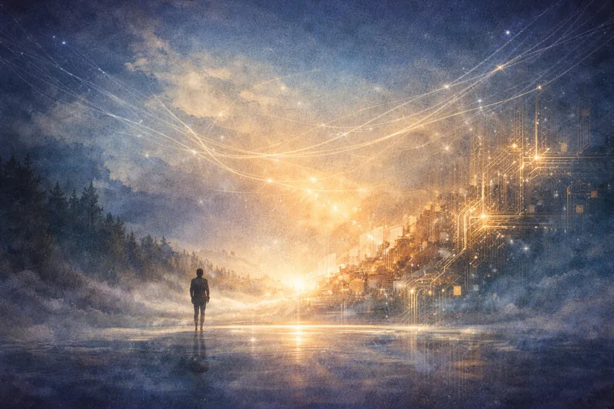 A luminous, impressionistic landscape in deep blue and soft gold tones shows a solitary human silhouette standing on reflective water at the center of a misty horizon. Warm threads of light arc across the sky and subtly weave into abstract structural lines on one side, suggesting connection between human presence and unseen digital architecture. The atmosphere is quiet, expansive, and contemplative.