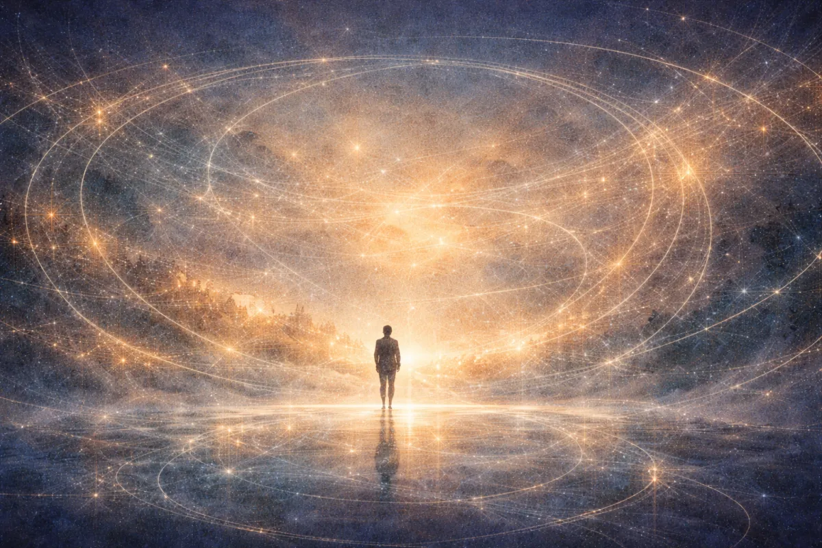 A luminous landscape in deep blue and soft gold tones shows a solitary human silhouette standing on reflective water beneath sweeping arcs of glowing light. The light forms layered, recursive loops across the sky, suggesting repetition and emerging coherence within a misty, impressionistic horizon.