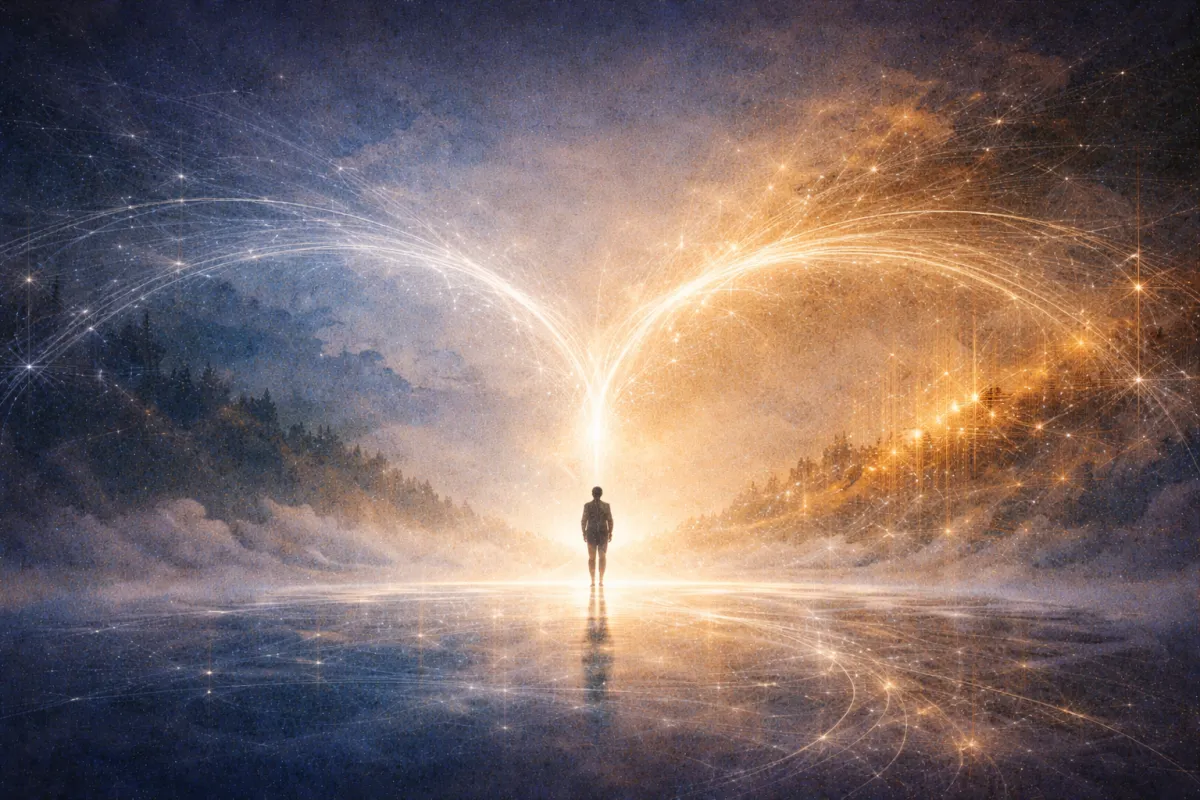 A luminous, impressionistic landscape in deep blue and warm gold tones shows a solitary human figure standing on reflective water at the meeting point of two glowing arcs of light. The arcs sweep inward from opposite sides of the horizon, converging above the figure like a radiant membrane, symbolizing a permeable boundary between human and artificial intelligence.
