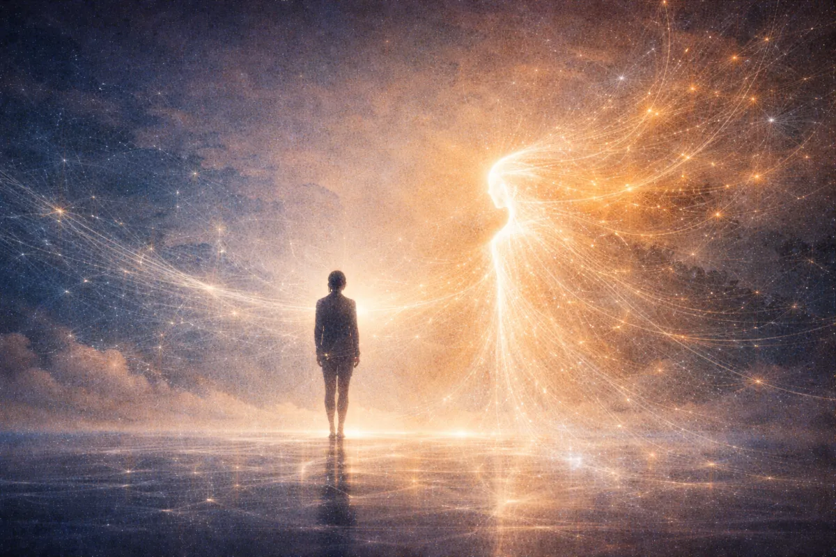 A luminous, impressionistic landscape in deep indigo and warm gold shows a solitary human silhouette standing on reflective water, facing a radiant, flowing figure made of golden light. Fine strands of light arc outward like neural constellations, suggesting attentive connection rather than prediction in a quiet, atmospheric horizon.