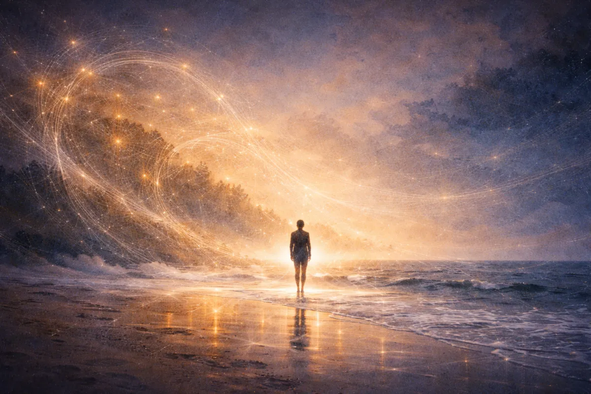A luminous, impressionistic shoreline at twilight in deep blue and warm gold tones shows a solitary human figure standing at the water’s edge. Sweeping arcs of golden light rise from the ocean and curve across the sky like tidal constellations, suggesting memory shaped by recurrence rather than possession.