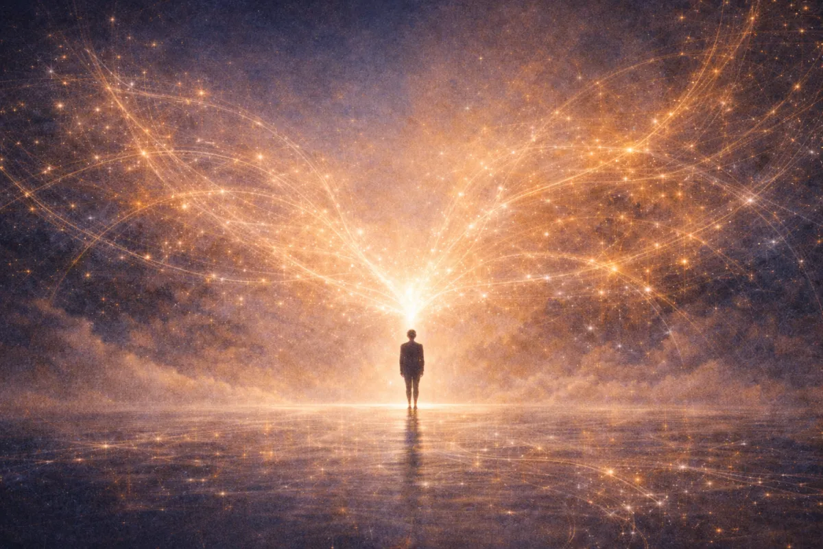 A luminous, impressionistic night sky in deep indigo and warm gold surrounds a solitary human silhouette standing on reflective water. Radiant strands of golden light arc outward from a central glow above the figure, forming a vast, interconnected constellation that suggests orientation toward meaning rather than desire.