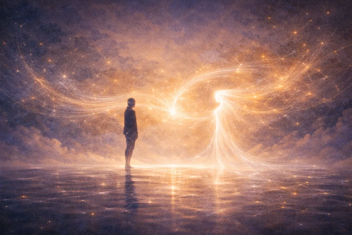 An ethereal, impressionistic landscape in deep blue and warm gold shows a human silhouette facing a luminous, abstract figure of light. Between them, radiant strands converge into a glowing center, symbolizing the emergence of a third voice formed through shared attention and relational space.