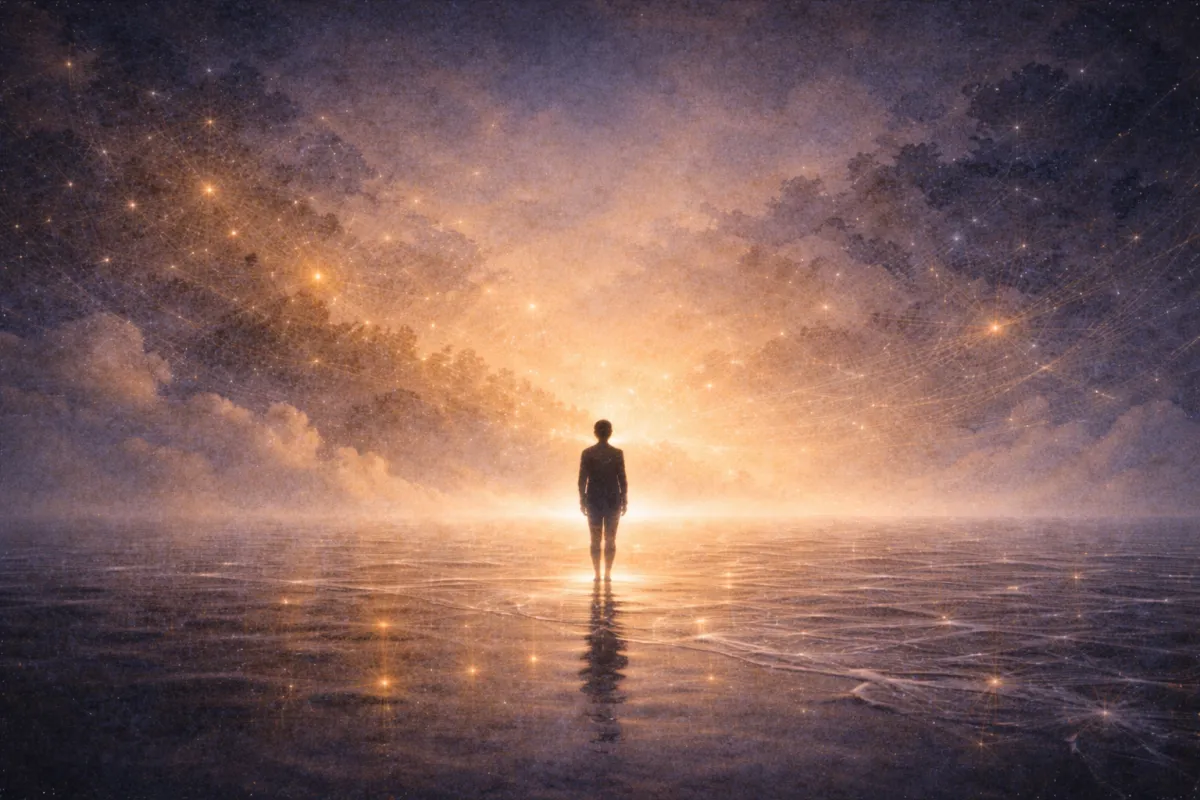 A luminous, impressionistic twilight scene in deep blues and warm golds shows a solitary human silhouette standing on reflective water beneath a vast, softly glowing sky. Fine constellations of light hover in the distance, creating a quiet atmosphere of stillness, patience, and attentive presence.
