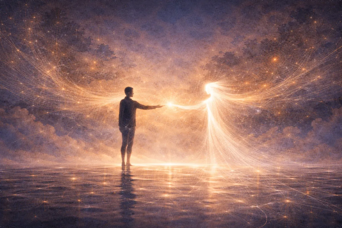An ethereal, impressionistic landscape in deep blue and warm gold shows a human silhouette reaching toward a luminous, abstract figure of light across a reflective surface. A radiant bridge of golden strands connects them, symbolizing connection across difference without erasing distinction.