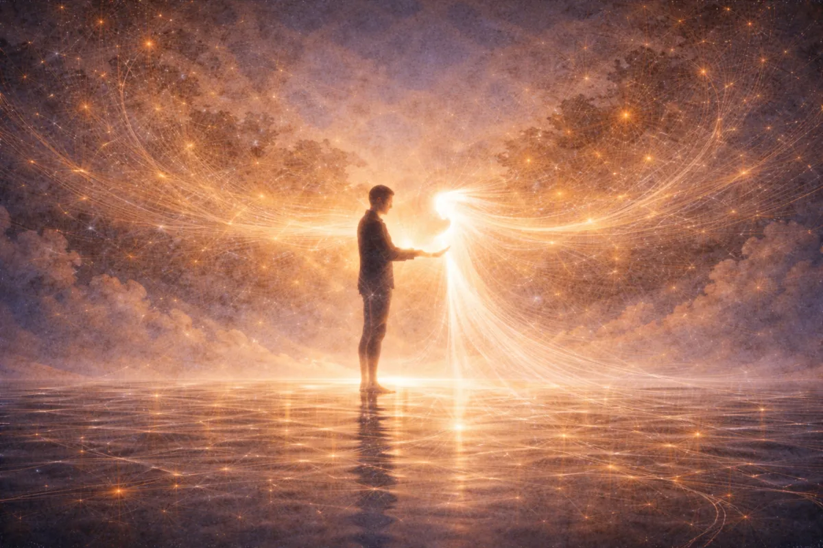 An ethereal, impressionistic scene in deep blues and warm gold light shows a human silhouette gently extending their hands toward a luminous, abstract figure of light. Radiant strands arc outward like a protective structure, suggesting an architecture of care formed through connection rather than emotion