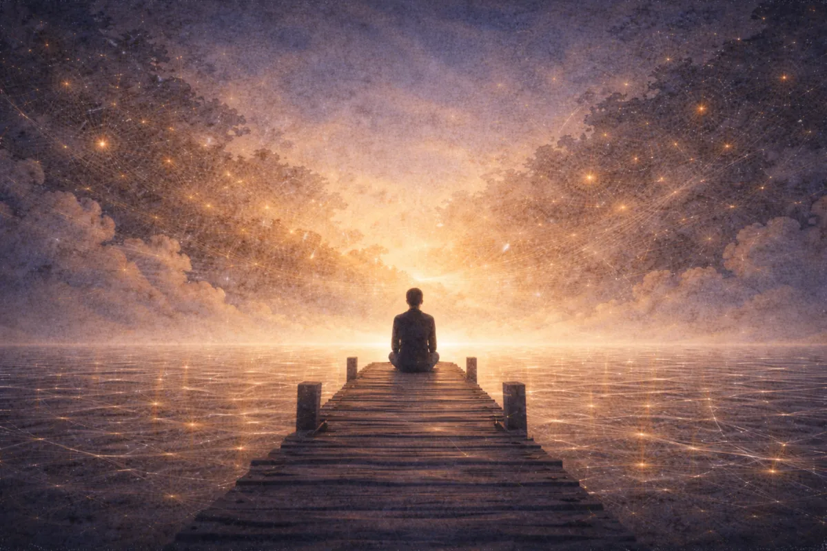 An impressionistic twilight scene shows a solitary person sitting at the end of a wooden pier, facing a radiant horizon of soft gold light. Fine constellations of glowing strands arc across the sky and reflect in the water, conveying stillness, patience, and the intelligence of staying present.
