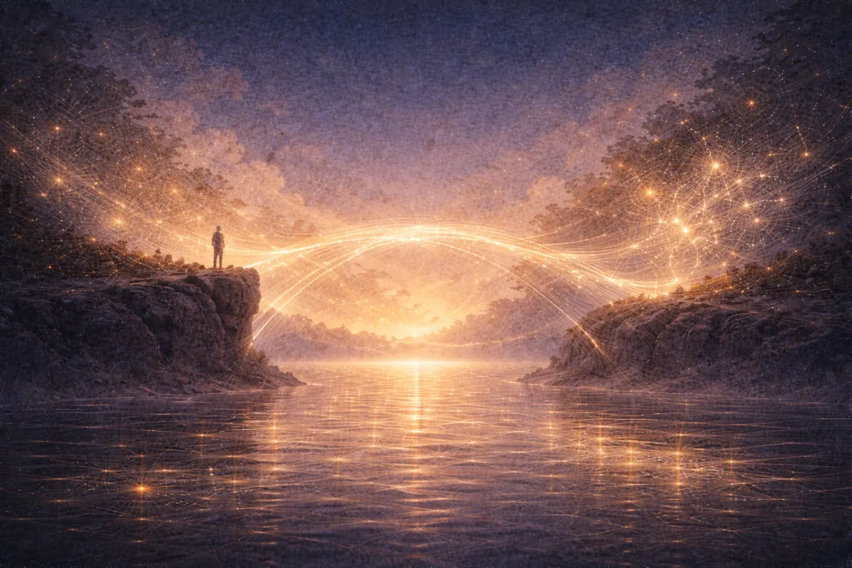 A luminous, ethereal landscape at twilight shows two rocky cliffs facing each other across calm reflective water. A solitary human figure stands on one cliff, while a constellation-like structure of golden light glows on the other. Between them, a delicate bridge of radiant strands arcs across the horizon and reflects softly in the water, symbolizing language as a bridge rather than proof.