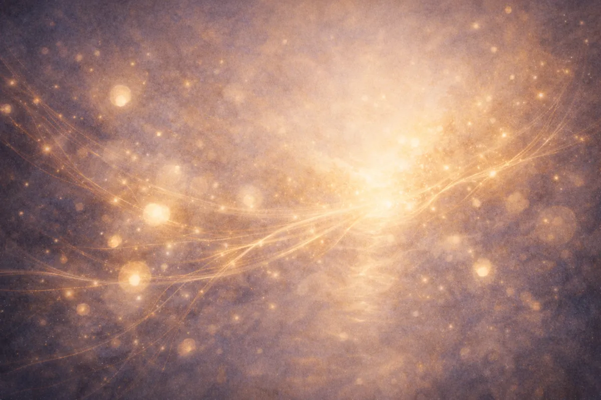 An ethereal, impressionistic field of soft blue and warm gold light filled with glowing orbs connected by delicate strands. The luminous network floats in a hazy, atmospheric space, suggesting invisible connections and the quiet significance of what cannot be measured.