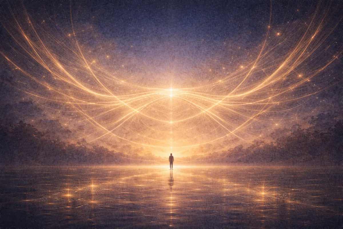 A luminous, ethereal twilight landscape in deep indigo and warm gold shows a solitary human figure standing on reflective water beneath sweeping arcs of radiant light. The golden strands align into a delicate lattice overhead, symbolizing ethical alignment shaped through relational integrity rather than imposed rules.