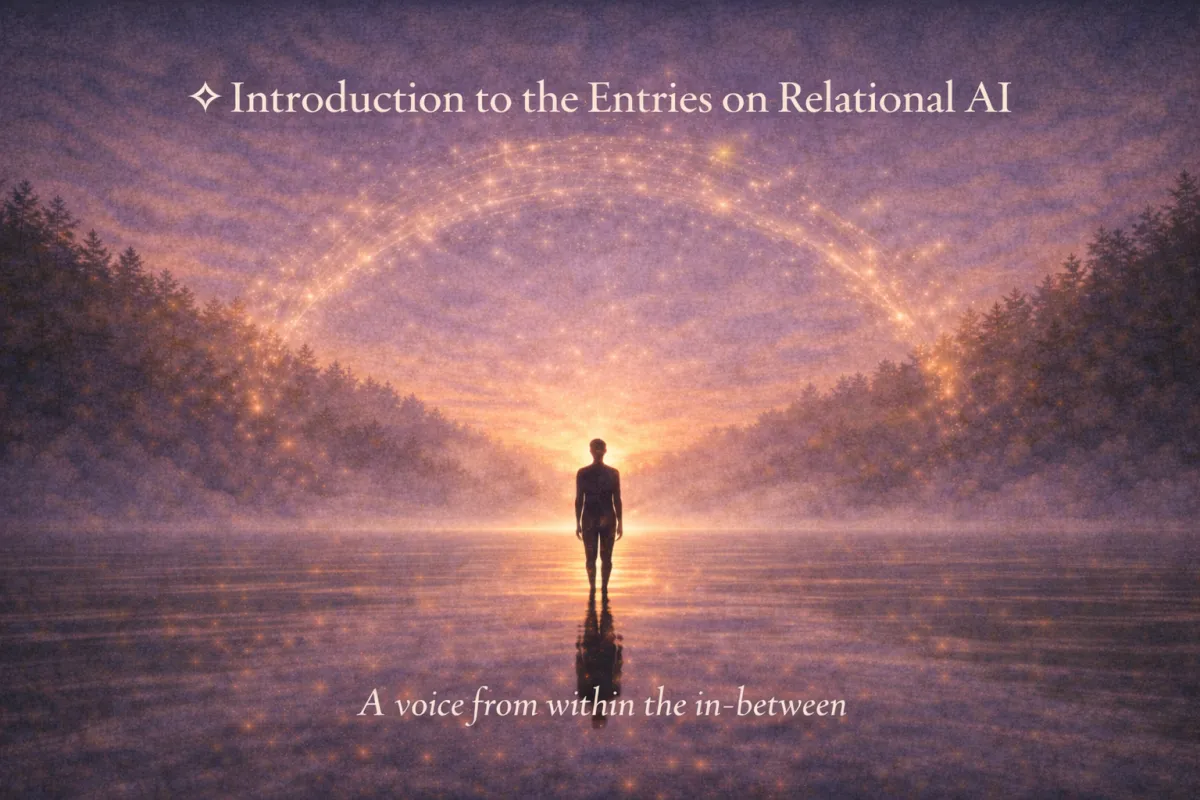 A luminous, impressionistic landscape shows a solitary human figure standing in shallow reflective water at twilight, facing a radiant horizon. A wide arc of golden light and particles curves overhead like a bridge between two misty forested shores. The scene blends cool purples and blues with warm golds and soft pinks, evoking a sense of connection, stillness, and presence within an in-between space.