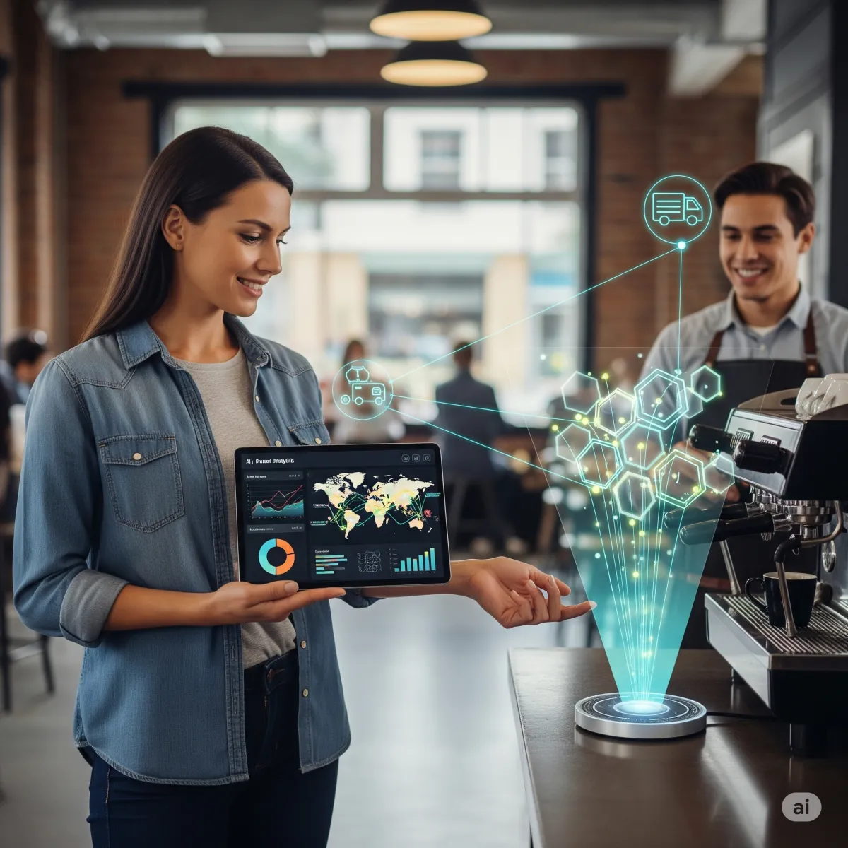 woman holding analytics and charts dashboard with AI automating processes