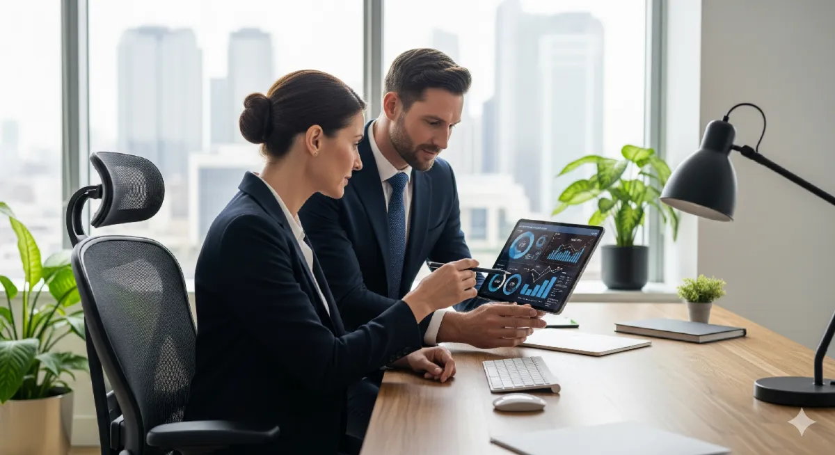 business leaders sitting at a desk collaborating