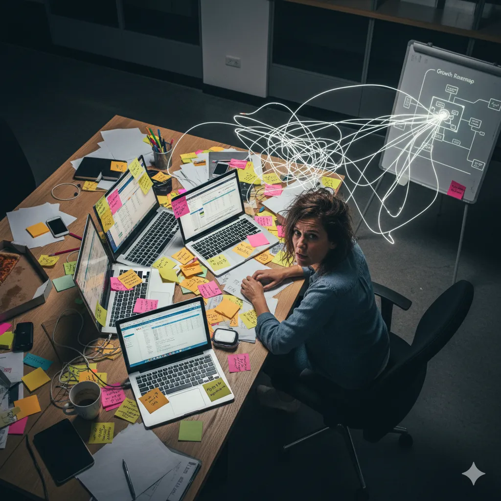 A founder looking overwhelmed amidst a tangle of sticky notes and open laptop screens, or a clear roadmap suddenly diverging into multiple chaotic paths.