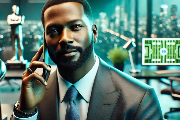 A distinguished football general manager in a modern office, speaking confidently on the phone, with teal lighting and a professional atmosphere.