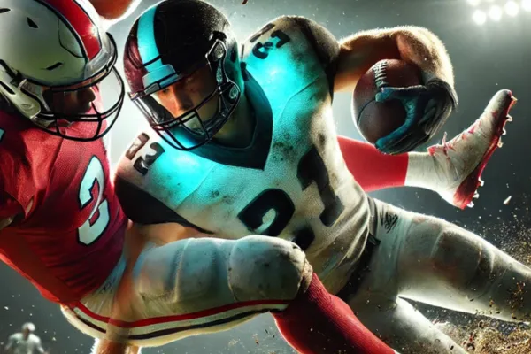 A dramatic, highly detailed image of two football players clashing on the field in mid-action. One player wears a red and white uniform with a matching glowing aura, while the other is dressed in turquoise and black with a similarly radiant aura. The background is dark and shadowy, emphasizing the players' intense collision. Dirt and grass fly from the impact, and the players' strained muscles and determined expressions add to the realism. Stadium lights faintly illuminate the scene, creating a cinematic and high-stakes atmosphere.