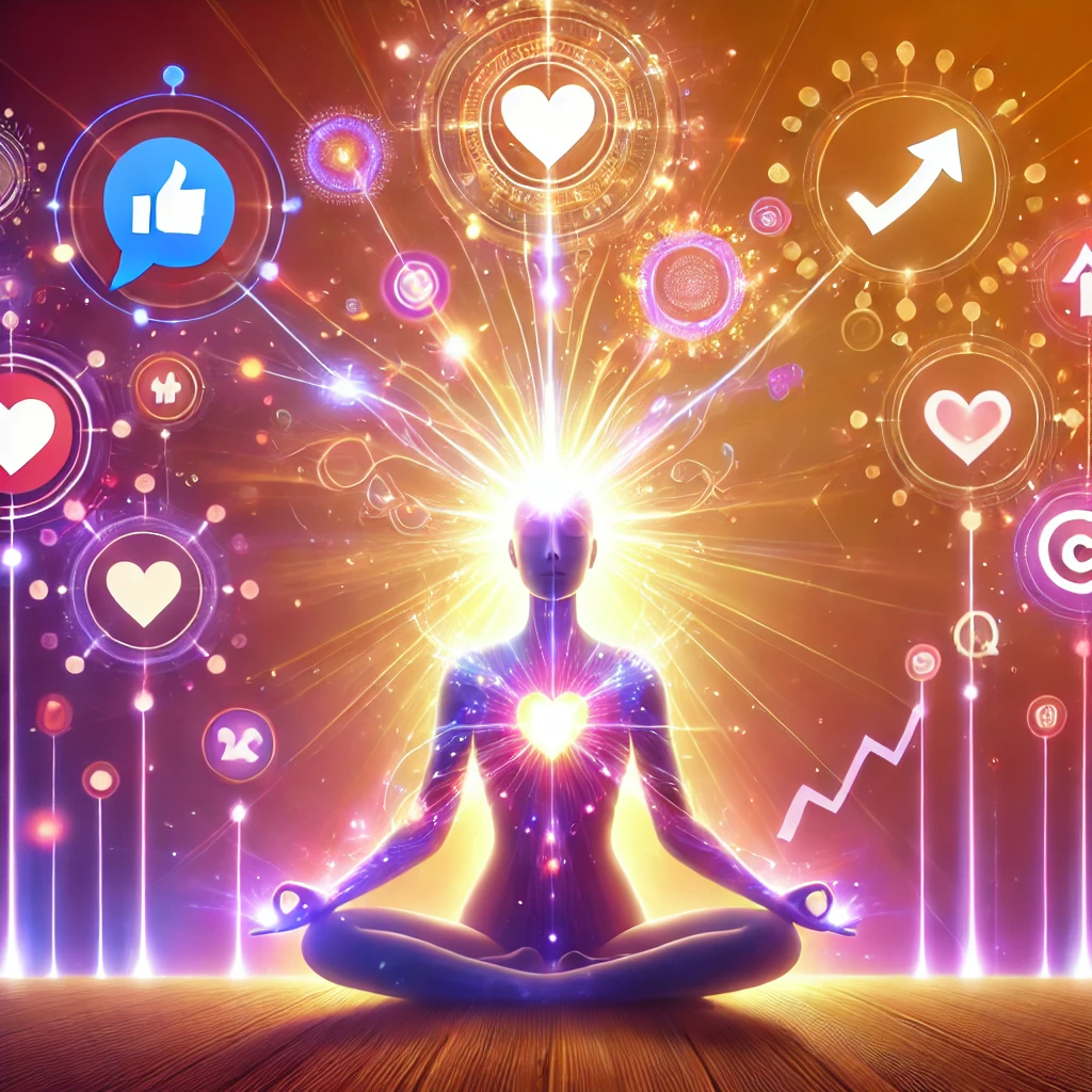 Radiant figure meditating with vibrant connections to symbols of growth and communication.