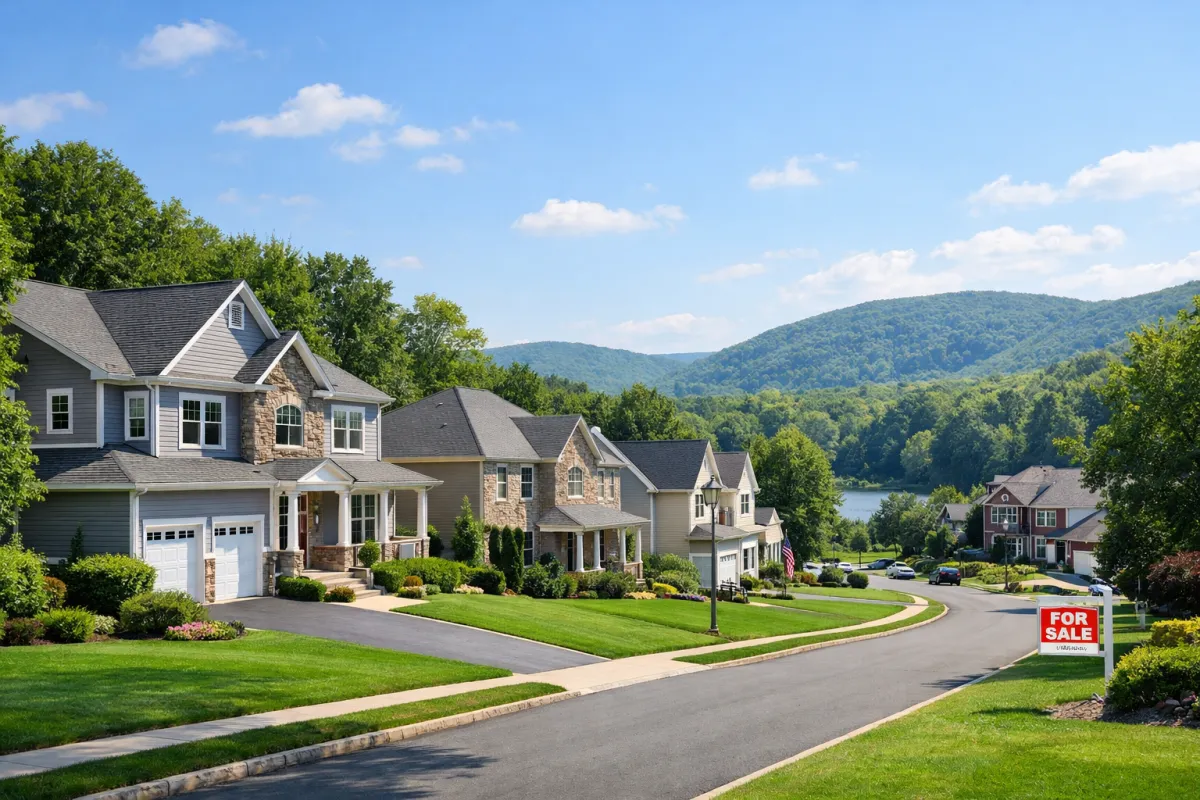 Suburban homes in Mahwah NJ with mountain views and a for-sale sign, showing strong local housing demand